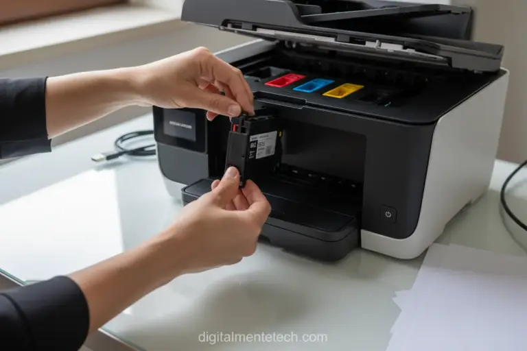 Mãos inserindo um cartucho de tinta em uma impressora HP.