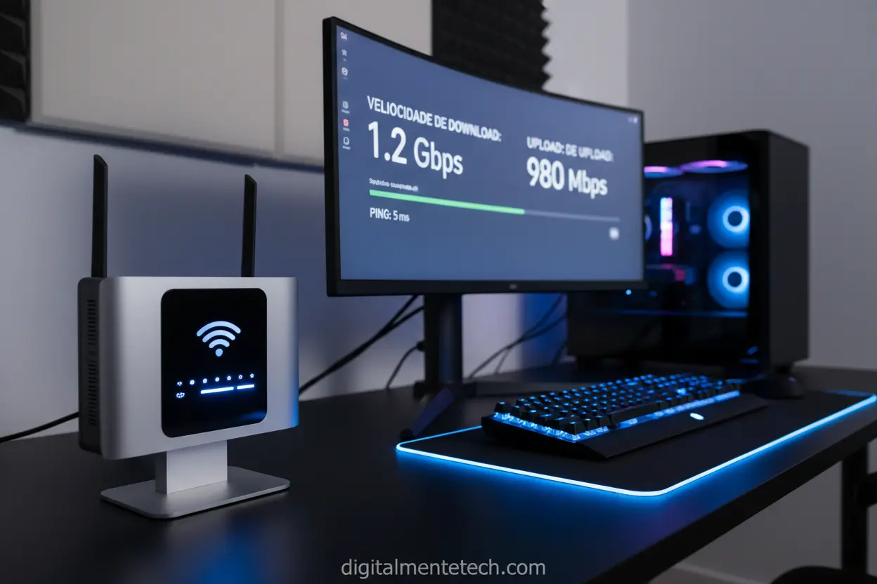 Internet para Cloud Gaming Roteador de internet e tela de PC com teste de velocidade para cloud gaming.