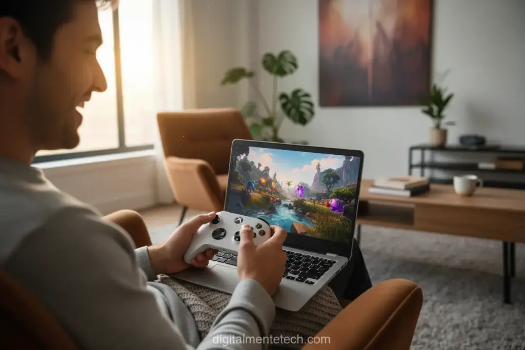 Pessoa jogando Xbox na nuvem em um laptop com controle sem fio.