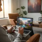 Pessoa jogando Xbox na nuvem em um laptop com controle sem fio.