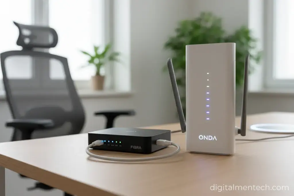 Modem e roteador em uma mesa, simbolizando a conectividade.