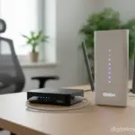Modem e roteador em uma mesa, simbolizando a conectividade.