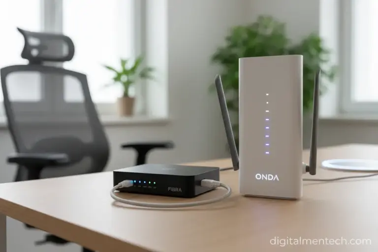 Modem e roteador em uma mesa, simbolizando a conectividade.