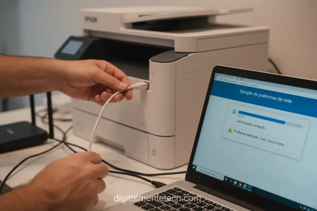 Saiba Como Executar o Verificador de Conexão da Impressora Epson de Forma Correta 1 Pessoa verificando a conexão de uma impressora Epson com um notebook.