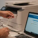 Pessoa verificando a conexão de uma impressora Epson com um notebook.