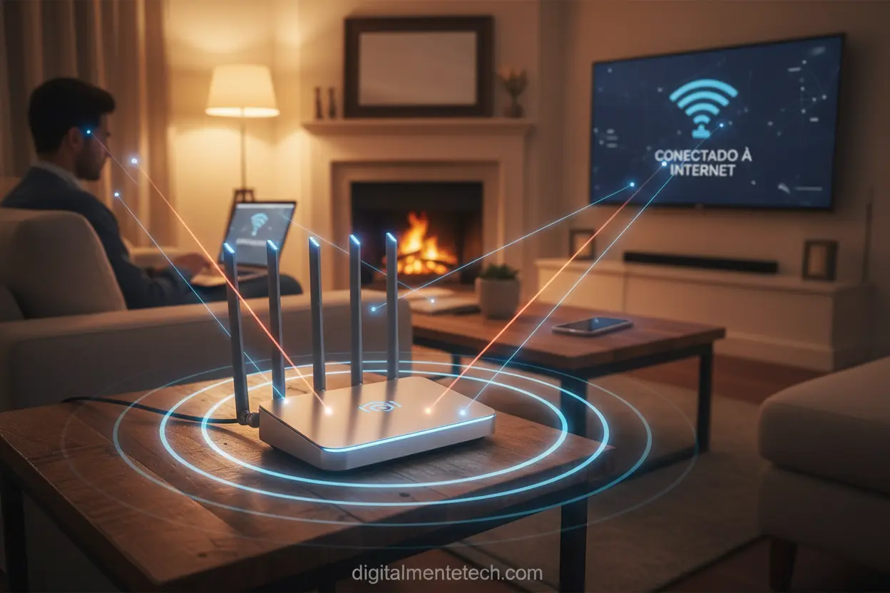 Roteador Wi-Fi moderno com antenas distribuindo sinal em uma sala.