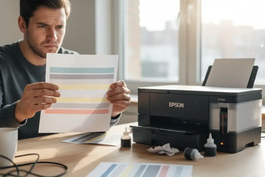 Exemplos visuais de falhas de impressão na Epson
