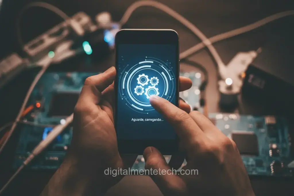 Pessoa frustrada com smartphone travado na inicialização