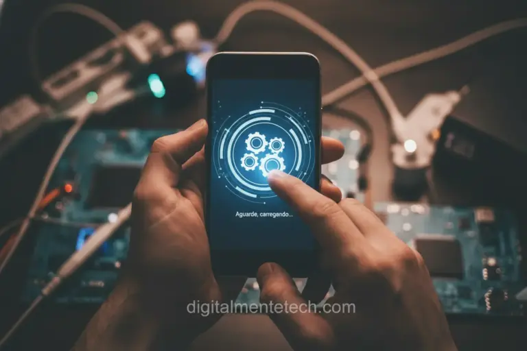 Pessoa frustrada com smartphone travado na inicialização