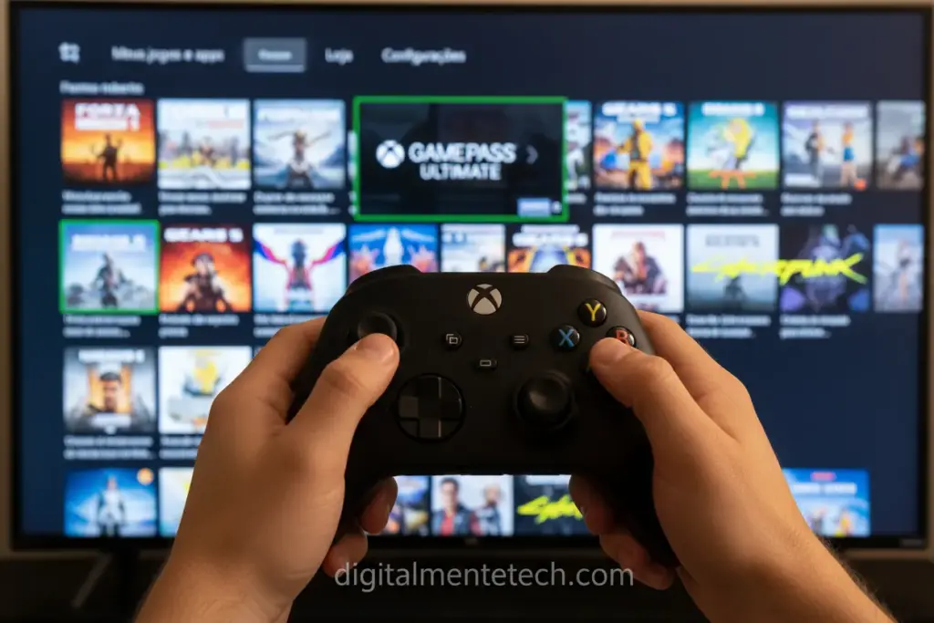 Pessoa usando controle Xbox para navegar na biblioteca de jogos na TV.