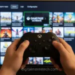 Pessoa usando controle Xbox para navegar na biblioteca de jogos na TV.