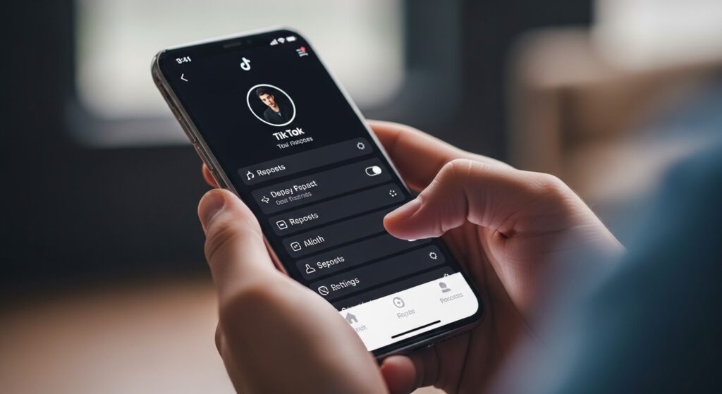 Tela de celular mostrando as configurações de privacidade do TikTok com a opção de republicações selecionada Prompt de geração: "Celular com tela exibindo configurações de privacidade do TikTok, opção de republicações visível, fundo escuro neutro, estilo editorial, iluminação limpa"