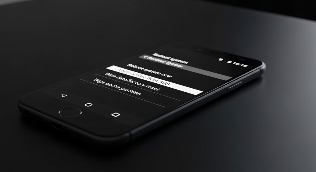 Tela de Recovery Mode de um celular Android mostrando as opções restart bootloader e reboot system now em fundo preto Prompt de geração: "Tela de celular Android no modo Recovery com menu de texto em fundo preto mostrando opções como reboot system now e restart bootloader, estilo screenshot técnico realista"