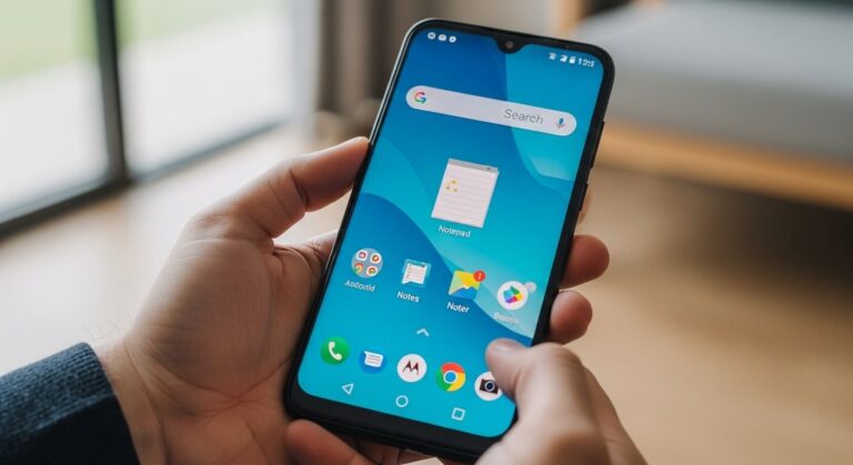Tela de celular Motorola Moto G mostrando o aplicativo Google Keep aberto com uma nota sendo criada Prompt de geração: "Celular Motorola Moto G com tela exibindo aplicativo de notas aberto, ícone do Google Keep visível, fundo desfocado neutro, estilo editorial de tecnologia, iluminação limpa"