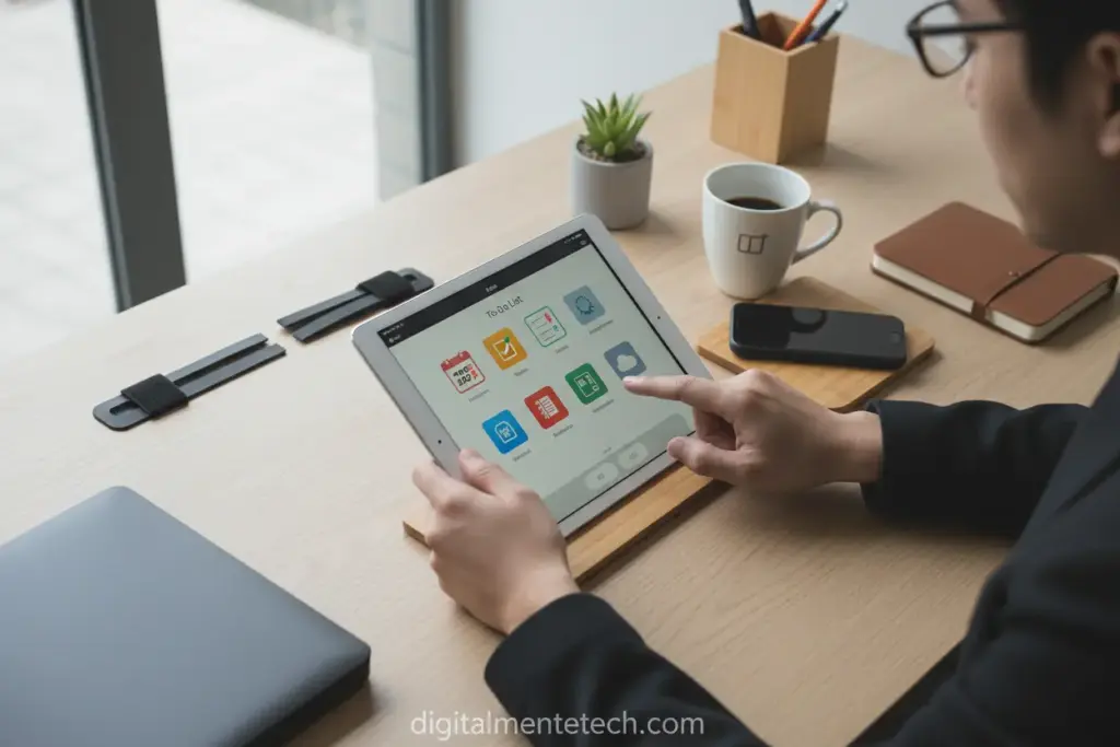 Mesa de trabalho organizada com tablet e apps de produtividade.