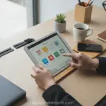 Mesa de trabalho organizada com tablet e apps de produtividade.