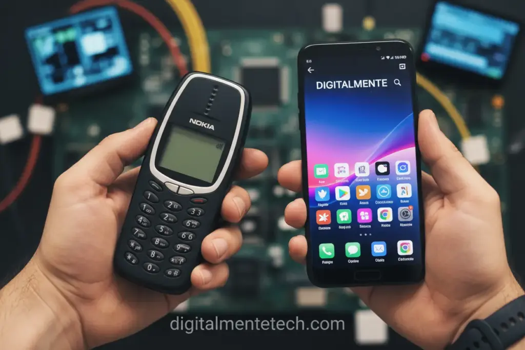 Imagem comparativa de um celular antigo e um smartphone atual