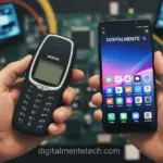 Imagem comparativa de um celular antigo e um smartphone atual