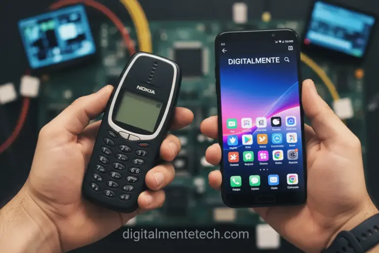 Imagem comparativa de um celular antigo e um smartphone atual