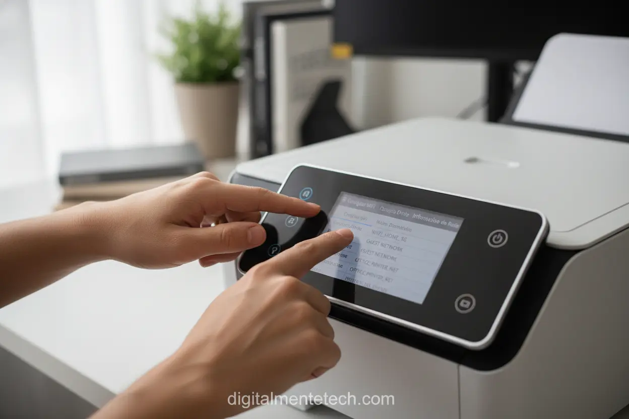 Mãos digitando senha Wi-Fi no painel de controle de uma impressora sem fio