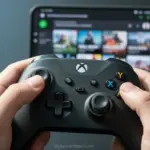 Mãos segurando controle Xbox com app no celular