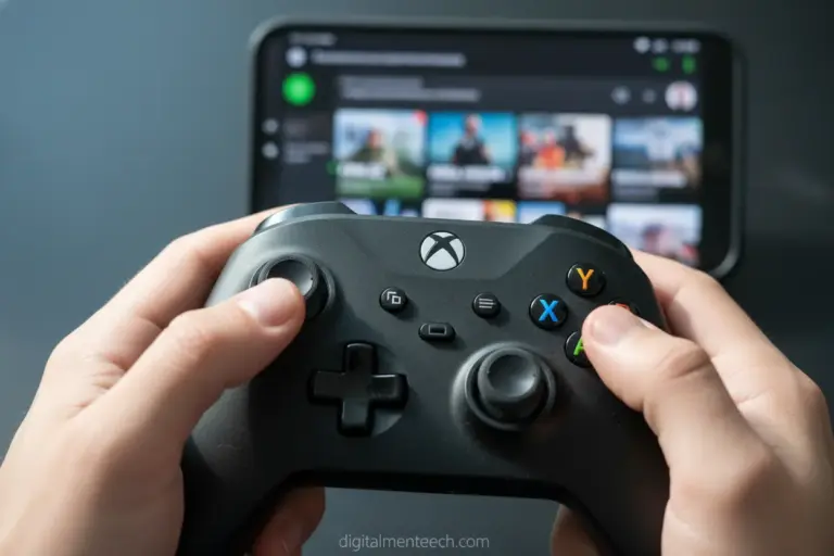 Mãos segurando controle Xbox com app no celular