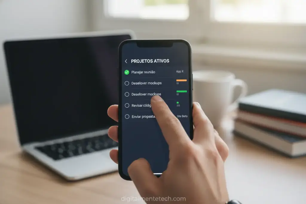 Smartphone exibindo um aplicativo de gerenciamento de tarefas.