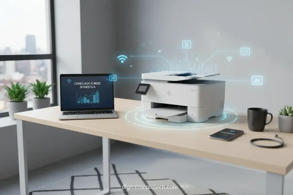 Impressora moderna conectada à rede Wi-Fi com dispositivos eletrônicos ao redor