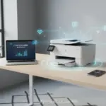 Impressora moderna conectada à rede Wi-Fi com dispositivos eletrônicos ao redor