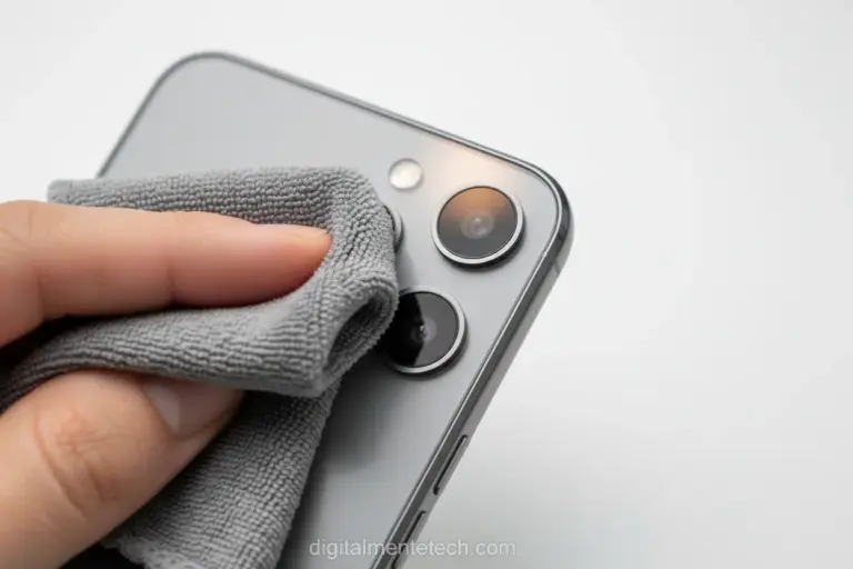 Lente de câmera de celular sendo limpa com um pano de microfibra.
