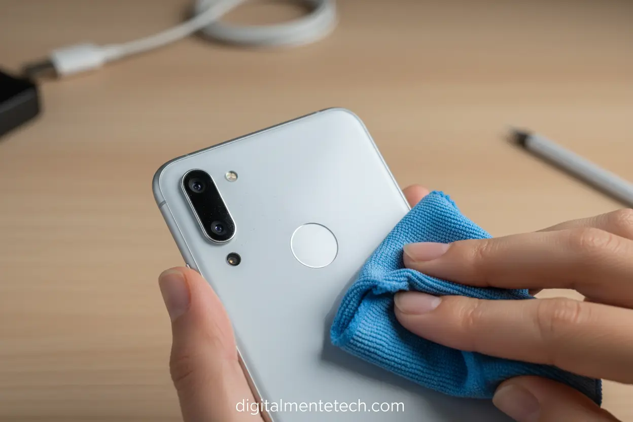 Mãos limpando a lente da câmera do celular com um pano de microfibra.