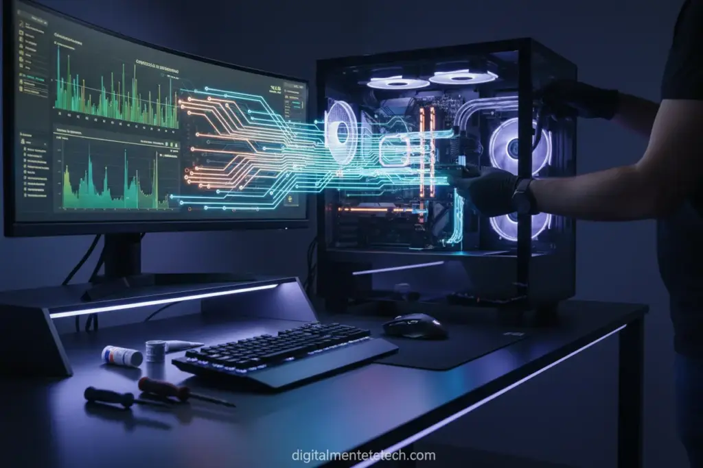 Pessoa otimizando um computador para melhor desempenho