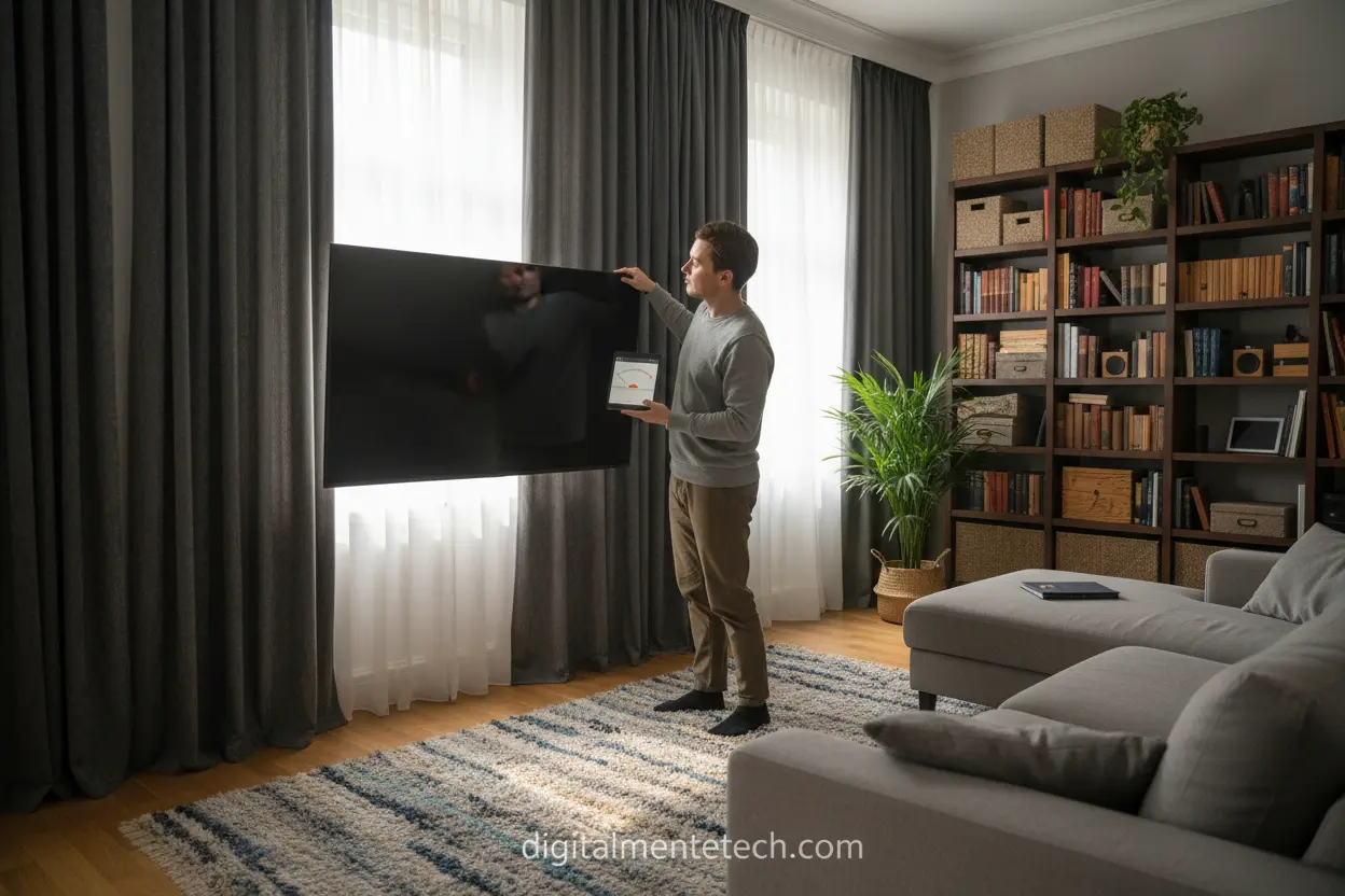 Ajuste da TV e acústica do ambiente para melhor som.