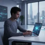 Pessoa usando IA para otimizar produtividade em escritório moderno.