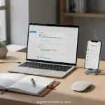 Mesa de trabalho com notebook e celular mostrando app de organização
