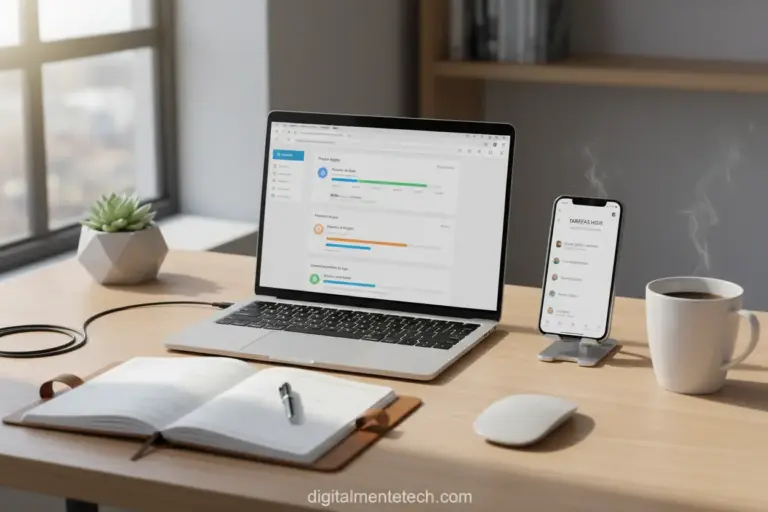 Mesa de trabalho com notebook e celular mostrando app de organização