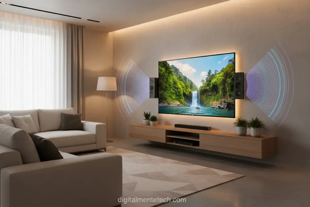 Sala moderna com TV e sistema de som aprimorado.