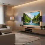 Sala moderna com TV e sistema de som aprimorado.